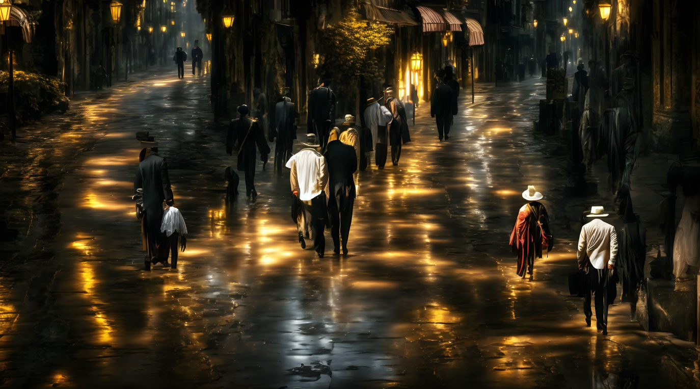 Night scene: People strolling on wet, golden-lit street with old-world charm