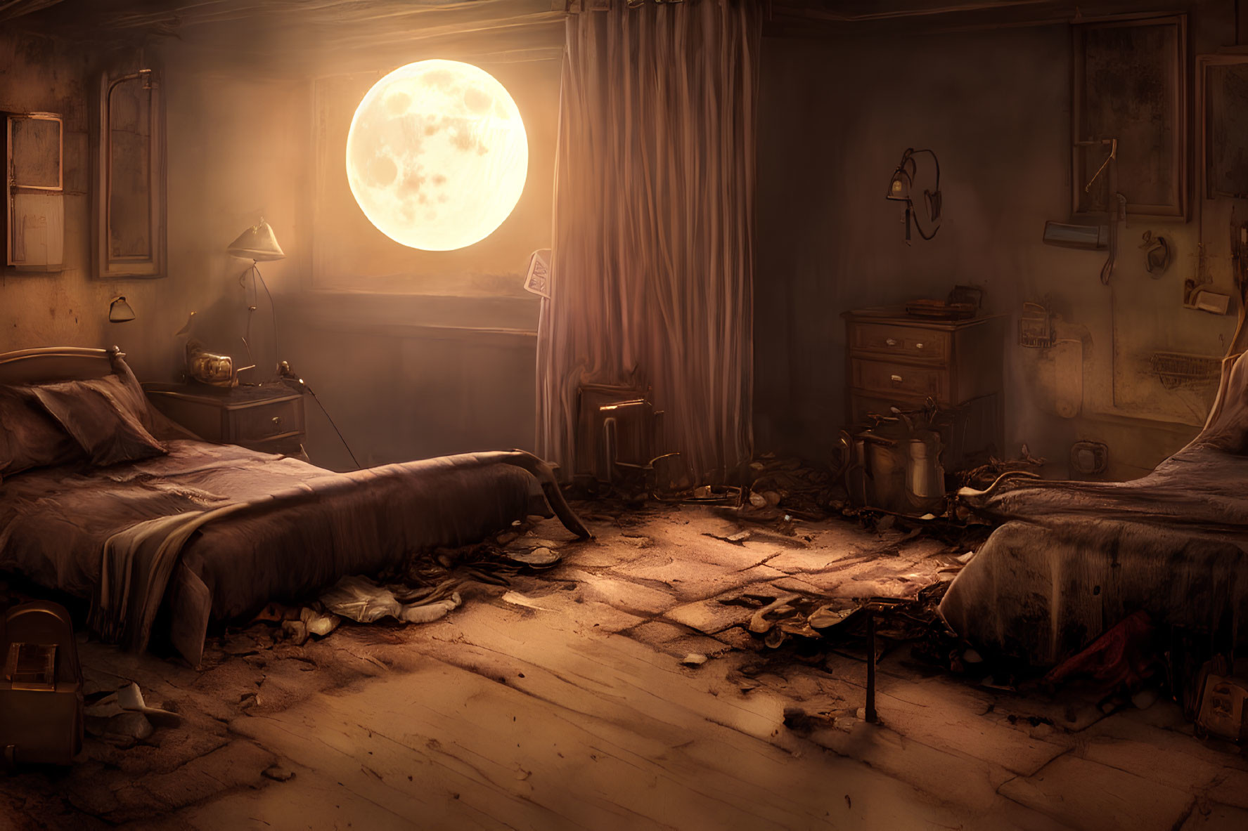 Abandoned bedroom with scattered clothing and full moon view