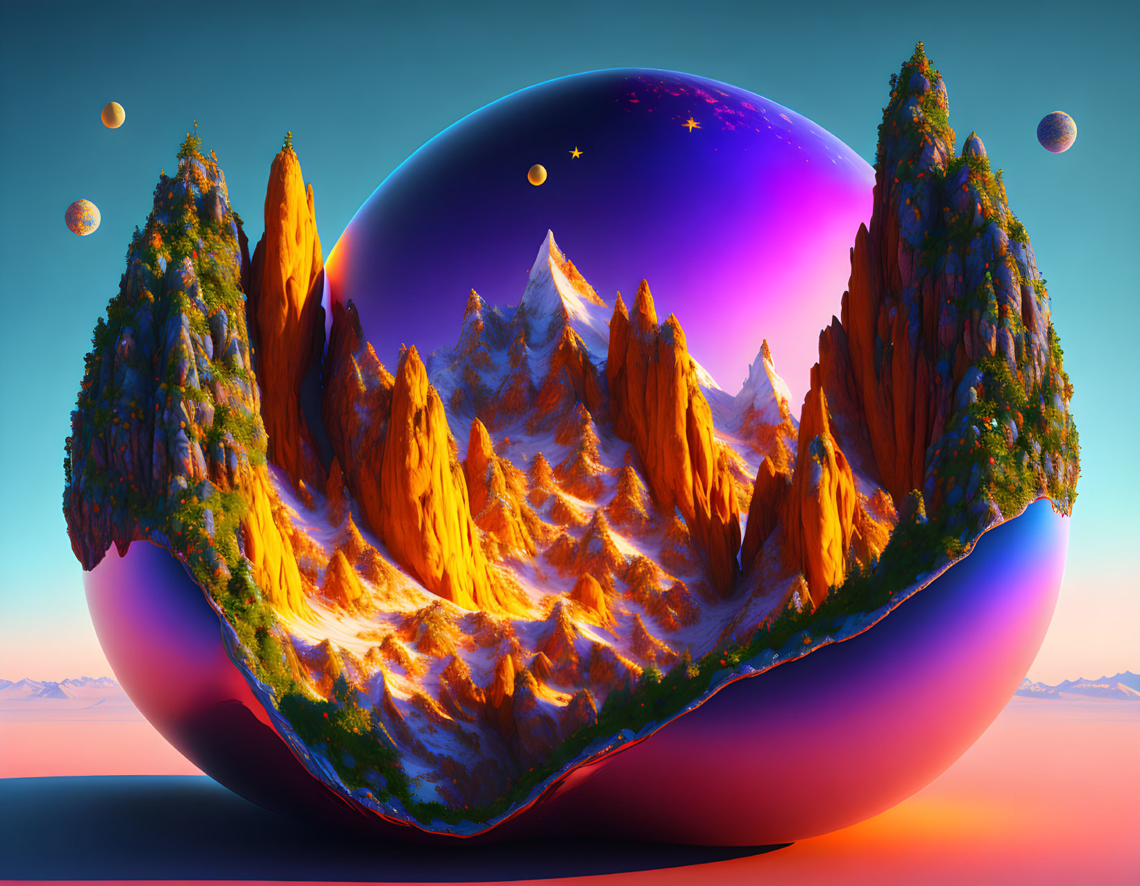 Surreal landscape with vibrant mountains in a bubble under celestial sky.