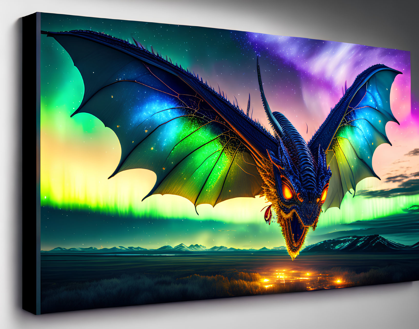 Fantasy dragon canvas print with extended wings in aurora night sky