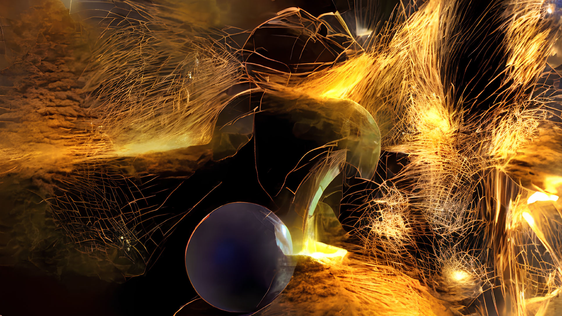 Abstract art with golden swirls, fiery explosions, and dark sphere on vivid background