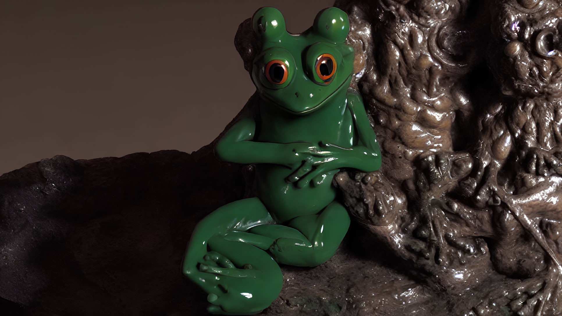 Green 3D-rendered frog with orange eyes on textured surface