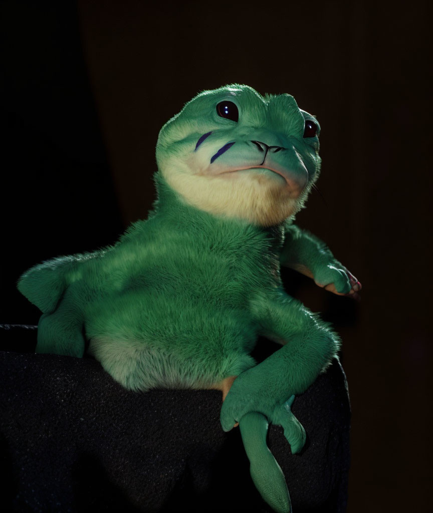 Green Plush Frog with Blue Markings on Dark Background