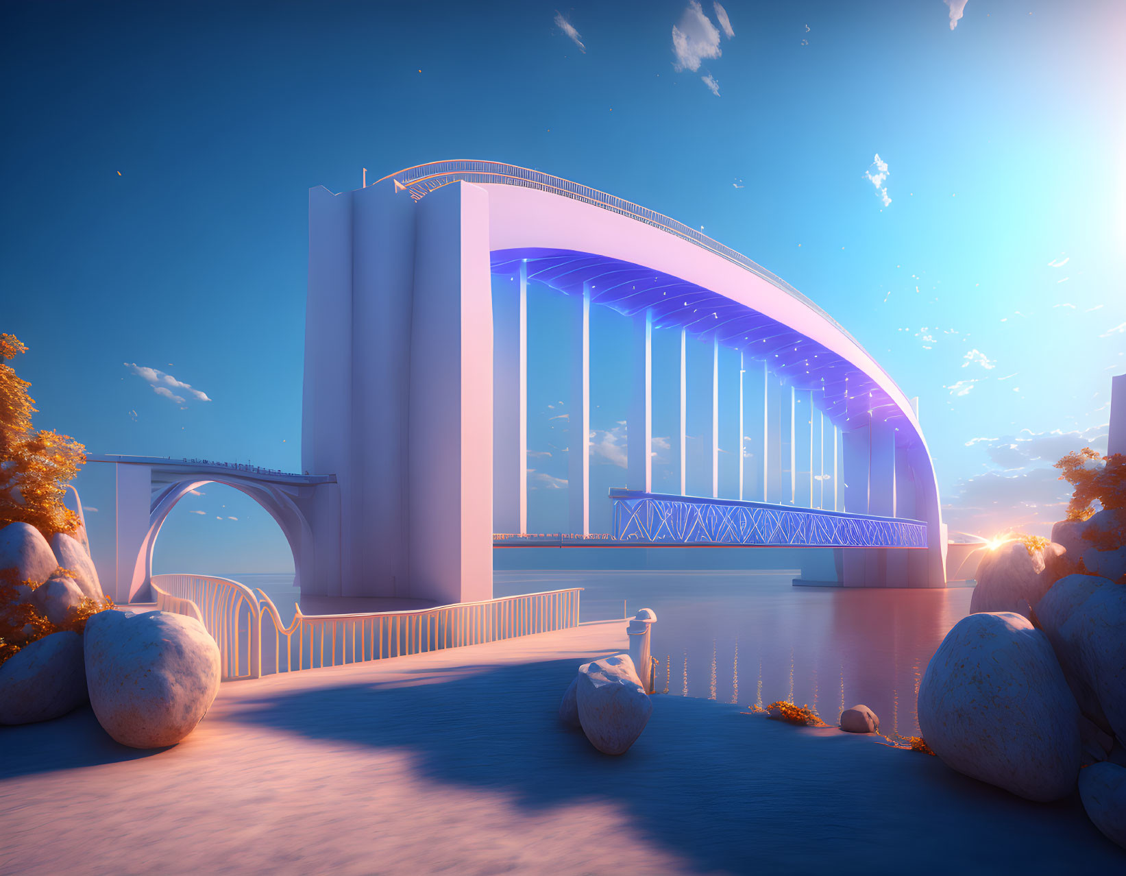 Futuristic bridge with sleek curves and vibrant blue colors against serene sky