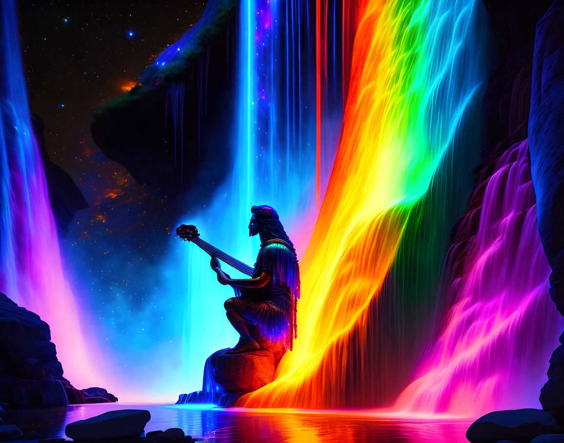 Colorful mystical waterfall scene with figure playing guitar