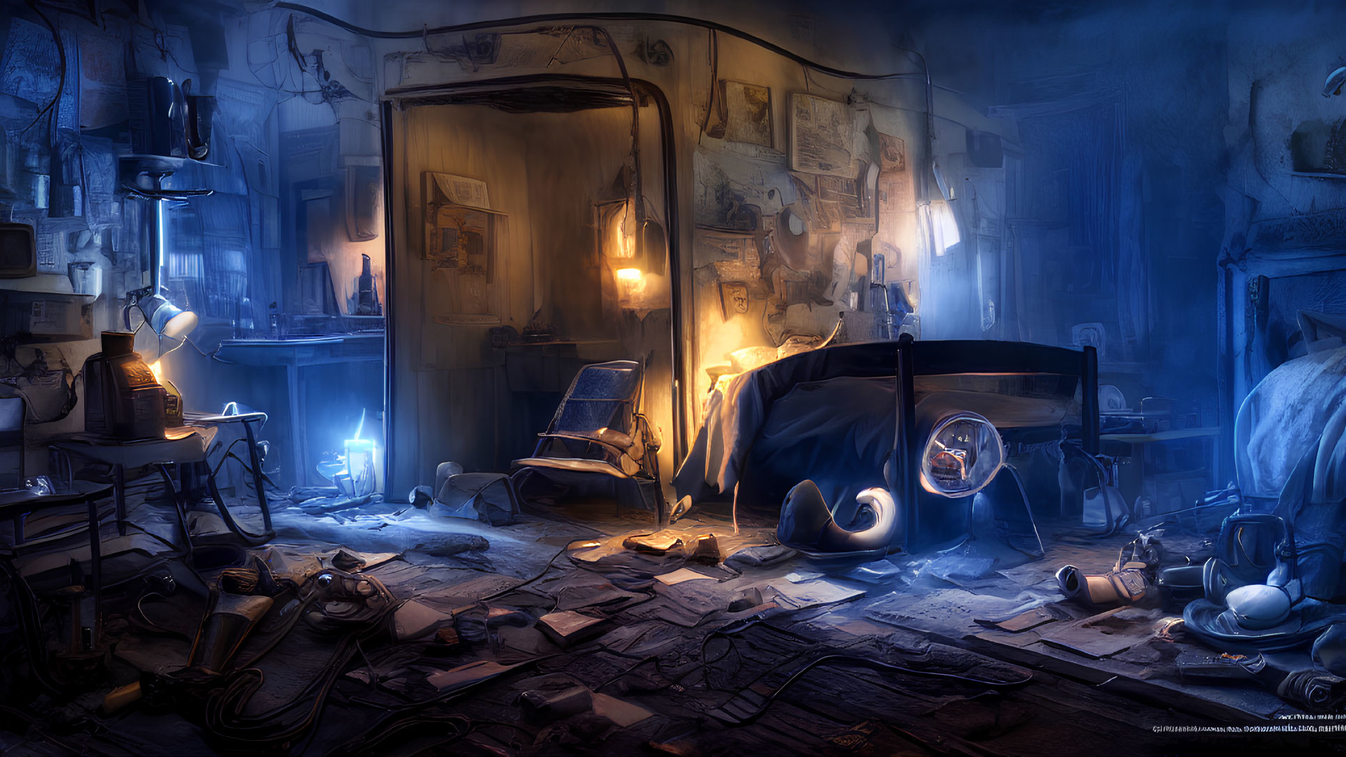 Cluttered workshop with classic car, tools, papers, and warm glow