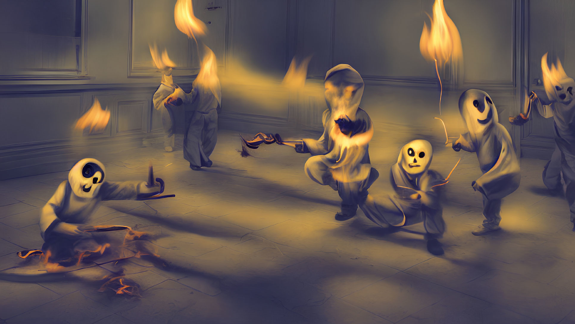 Ghostly Figures Juggle Fire in Dimly Lit Room