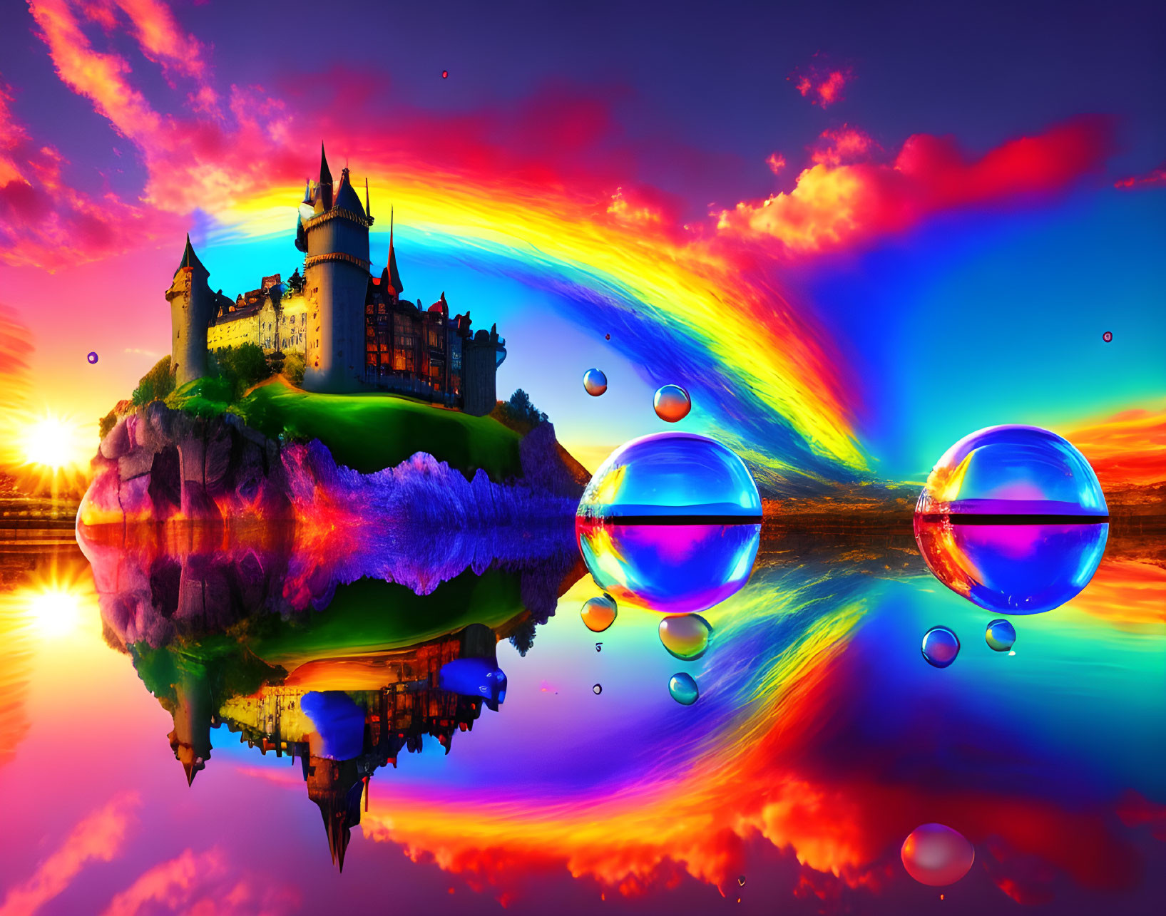 Fantasy landscape with castle, sunset sky, rainbow, crystal spheres