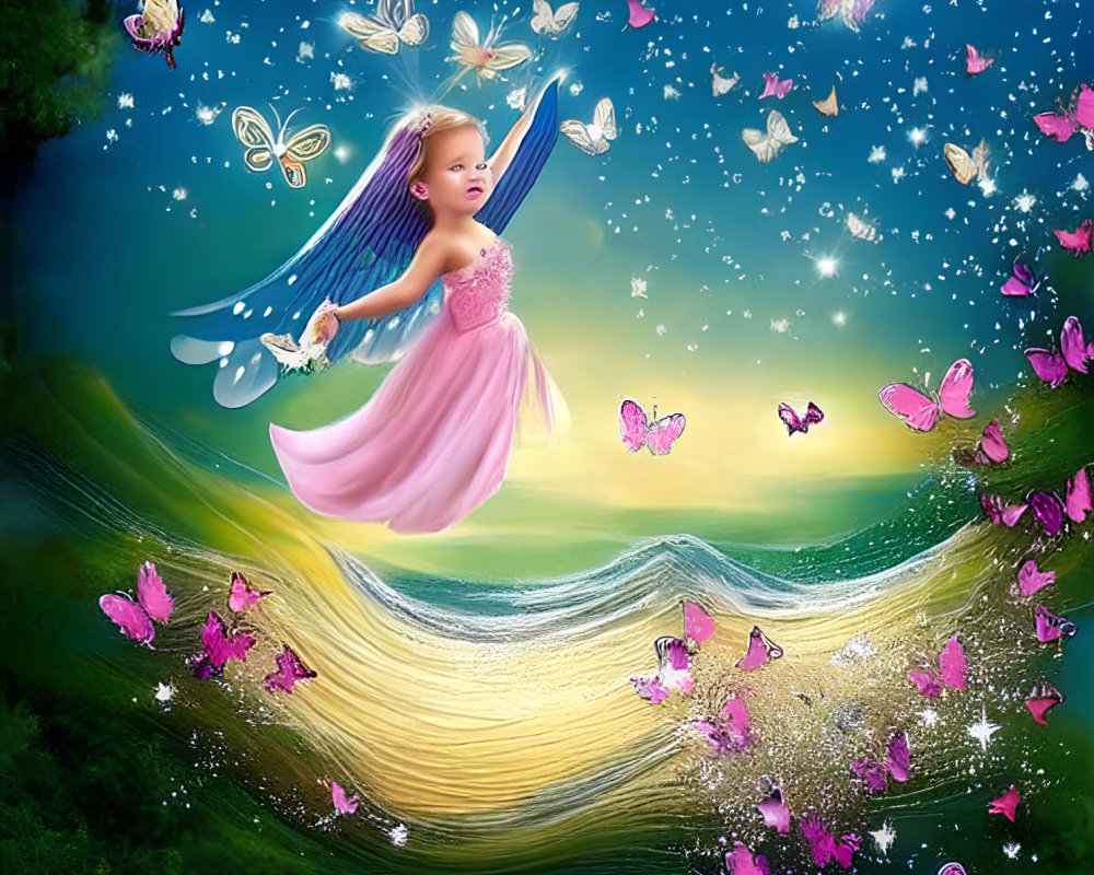 Young girl with fairy wings and butterflies in dreamlike setting