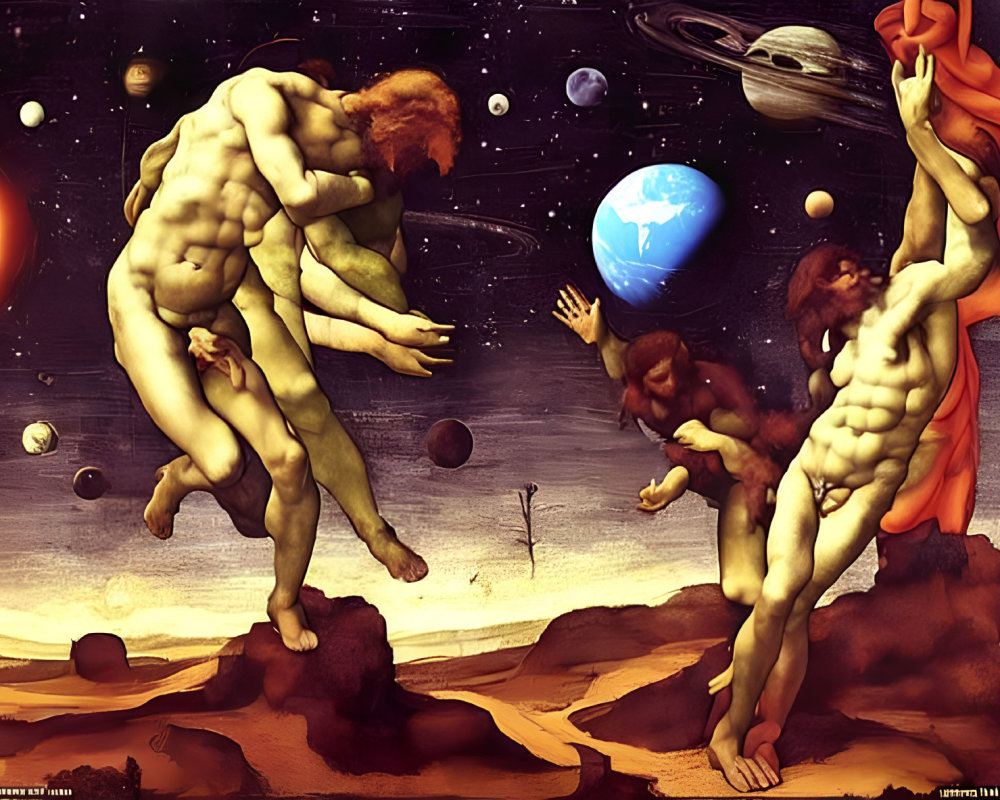 Muscular humanoid figures in surreal cosmic landscape.