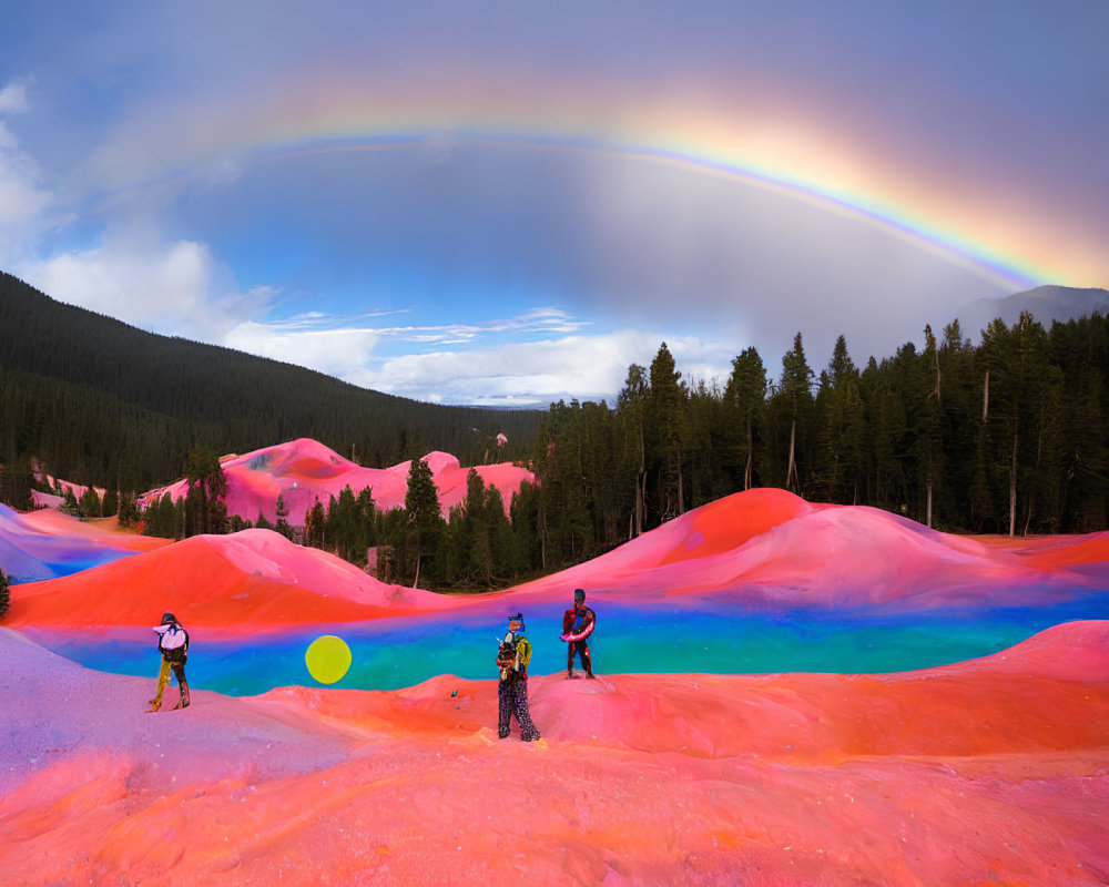 Vibrant landscape with hikers under rainbow in forest.