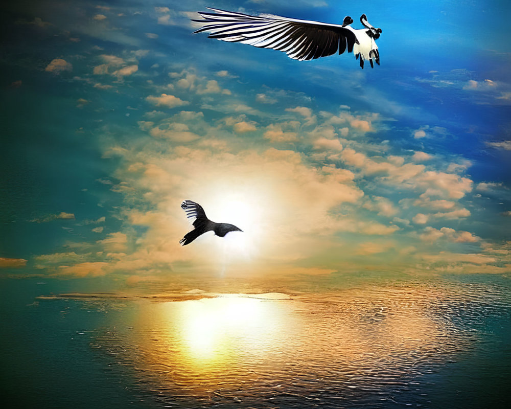 Birds flying over serene sea at golden sunset horizon.