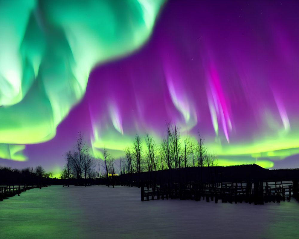 Northern Lights in Green and Purple Dance Over Snowy Landscape