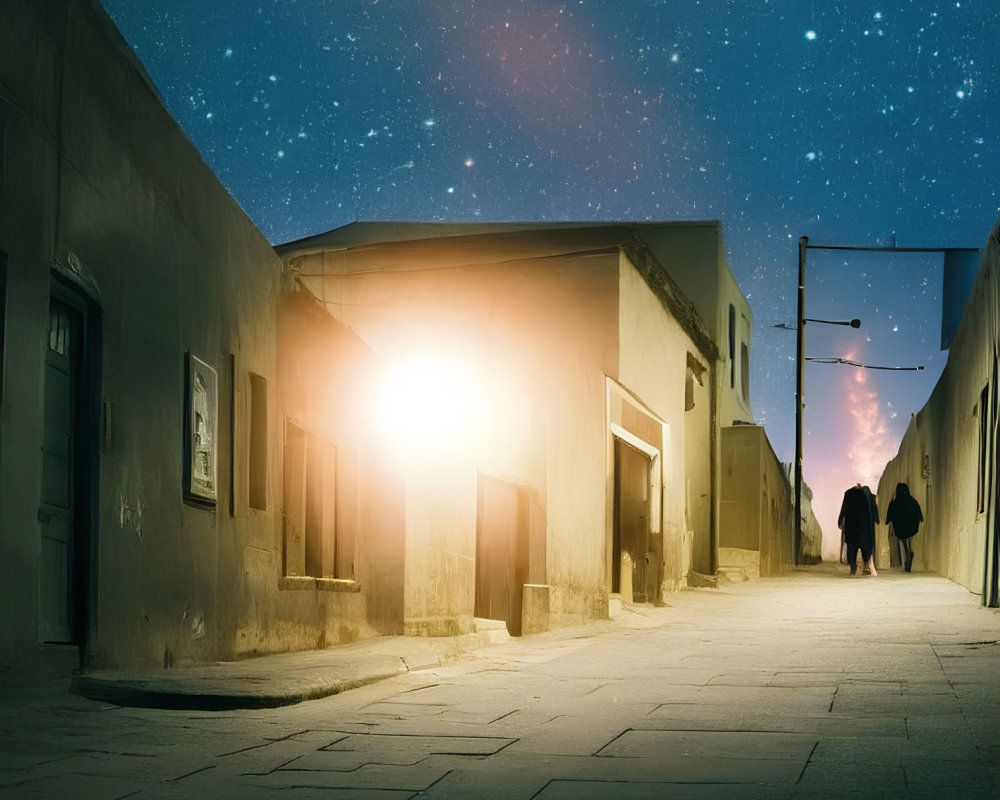 Narrow street at dusk with long shadows and two people walking under starry sky