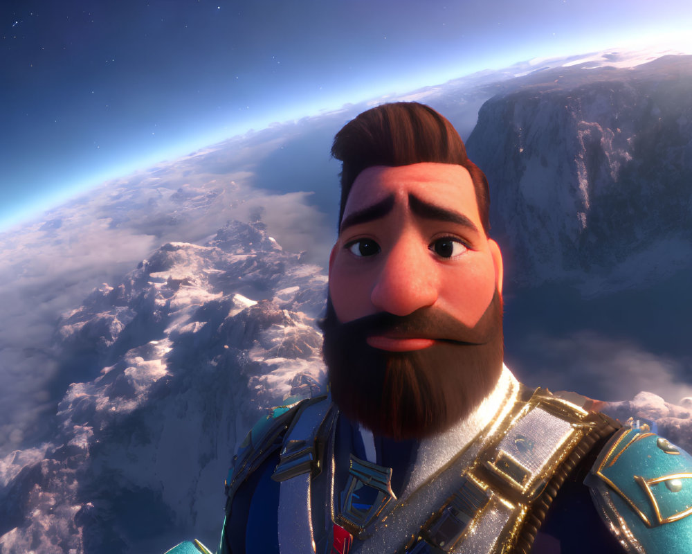 Bearded 3D Animated Character in Spacesuit Floating Above Earth's Mountains