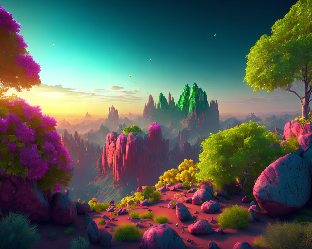 Colorful landscape with pink and green flora, towering rocks, transitioning sky.