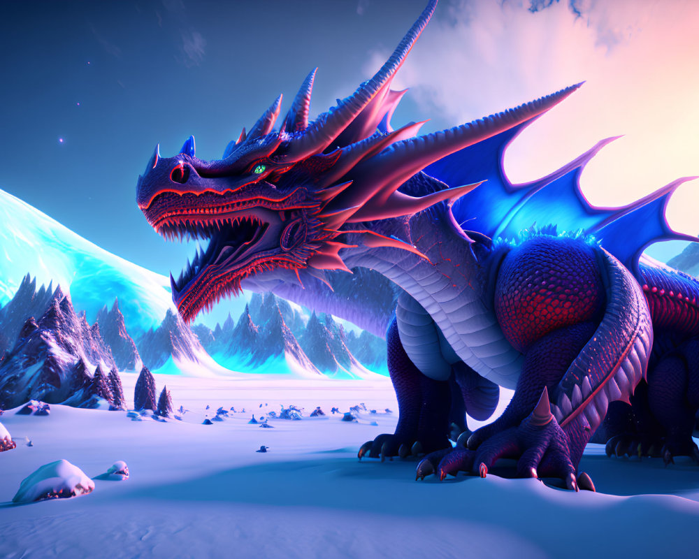 Red Dragon with Blue Wings in Snowy Landscape with Pine Trees and Mountains at Sunset