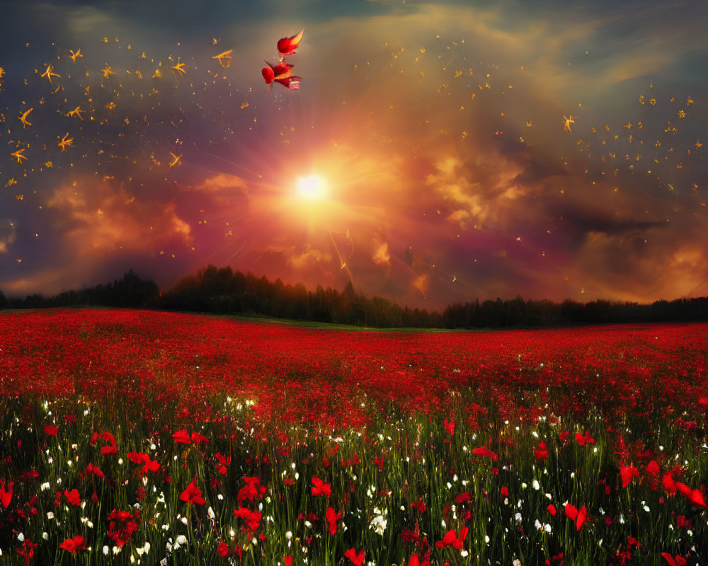 Vibrant sunset over red poppy field with sparkles and soaring birds