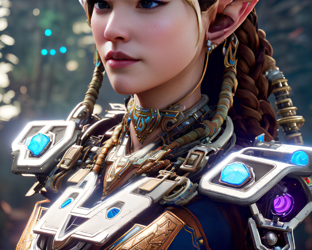 Detailed Close-Up of Female Character with Elven Features and Glowing Blue Armor