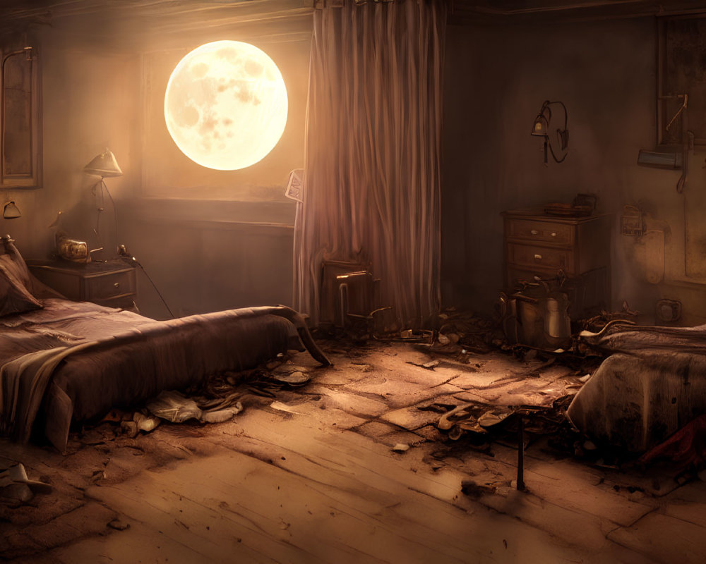 Abandoned bedroom with scattered clothing and full moon view