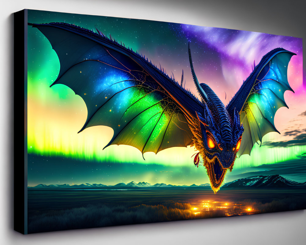 Fantasy dragon canvas print with extended wings in aurora night sky