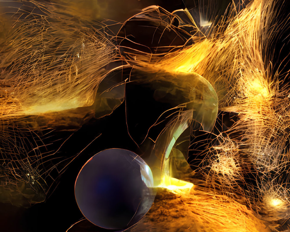 Abstract art with golden swirls, fiery explosions, and dark sphere on vivid background