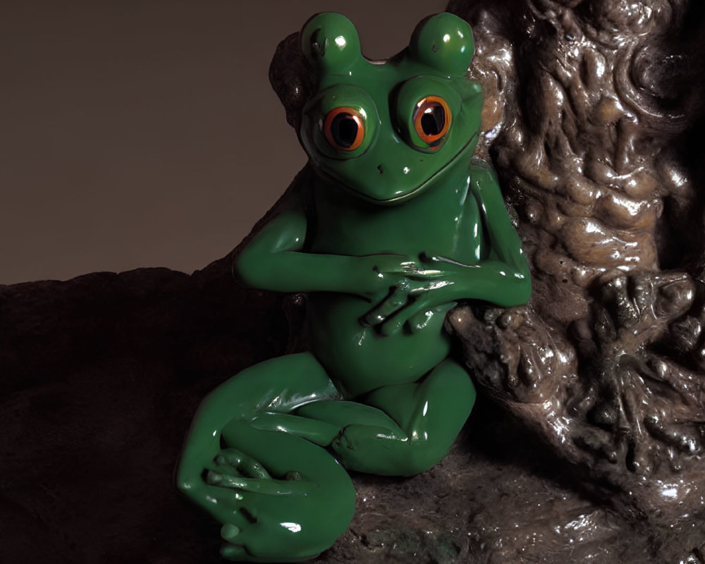 Green 3D-rendered frog with orange eyes on textured surface