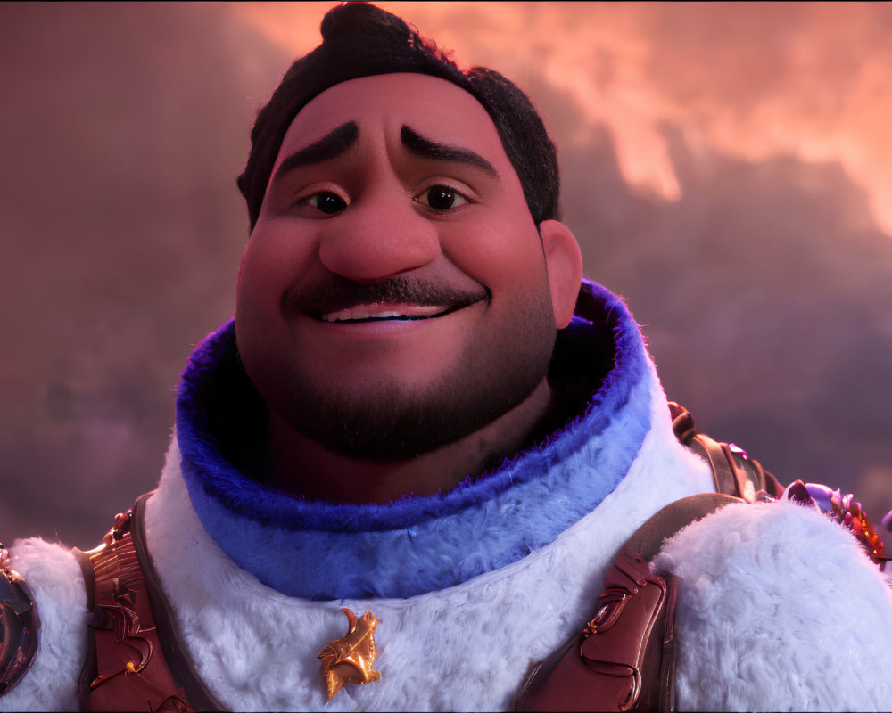 Detailed close-up of animated male character in white and gold armor with blue fur under reddish sky