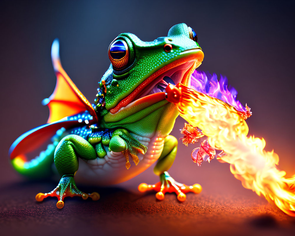 Colorful digital artwork: Green dragon-winged frog breathing fiery flames