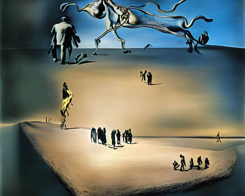 Surrealist painting of desert landscape with people and fantastical creature