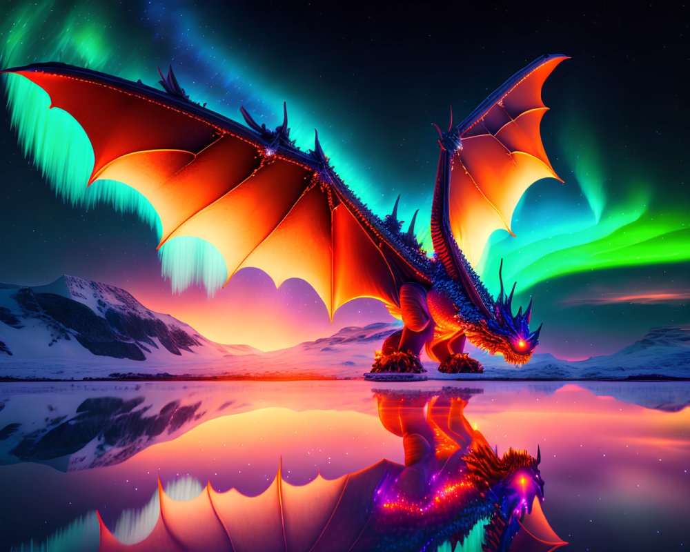 Majestic dragon by reflective water under aurora-filled sky