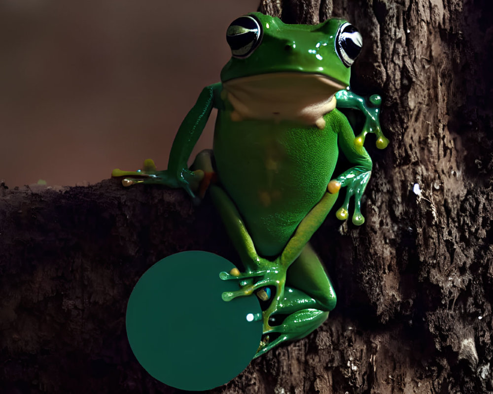 Glossy green frog on dark tree bark with intense eyes