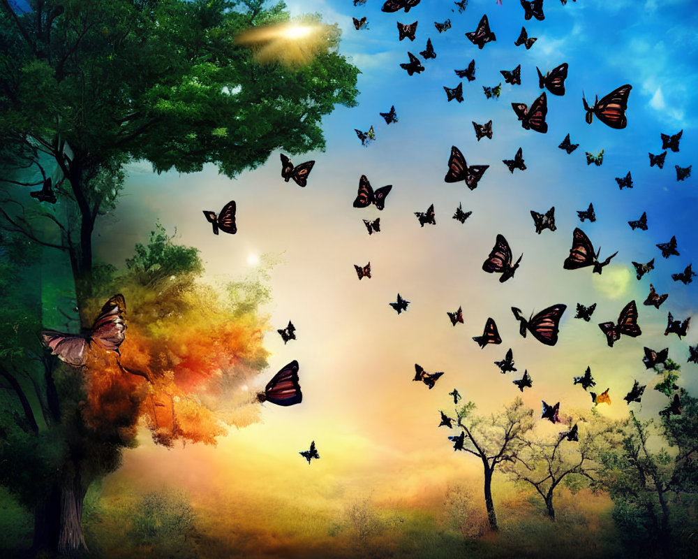 Colorful butterflies in sunset-lit sky with green and autumn trees