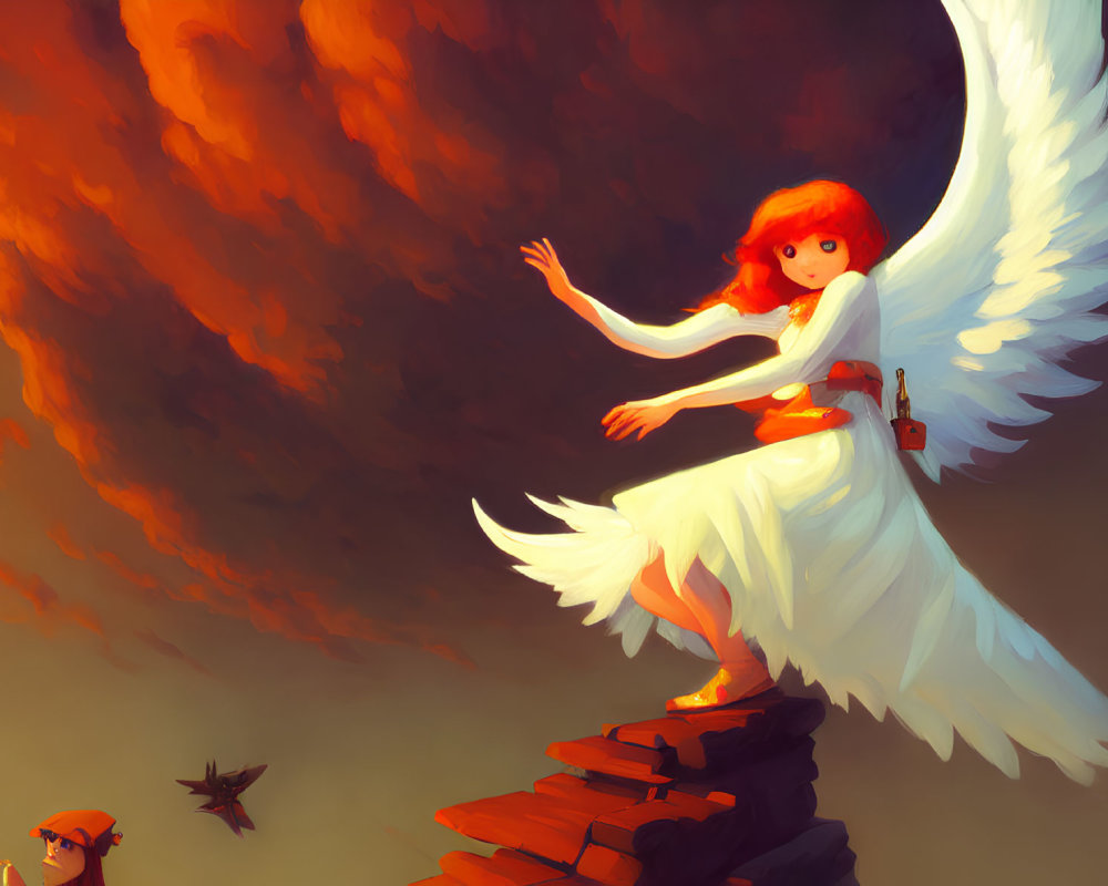 Winged red-haired character in white dress on rocky outcrop with fiery orange backdrop and bird-like creature