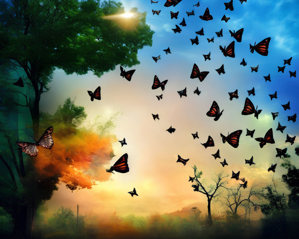 Vibrant sunset forest with swarm of butterflies