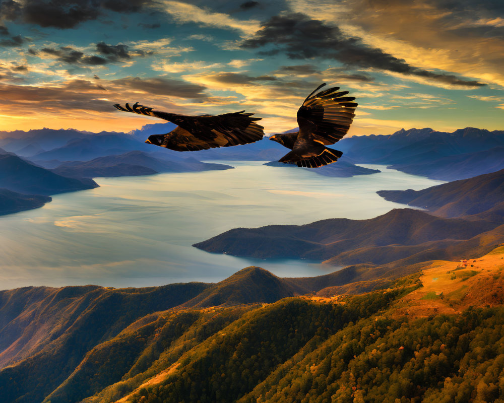 Majestic eagle flying over mountain landscape at sunset