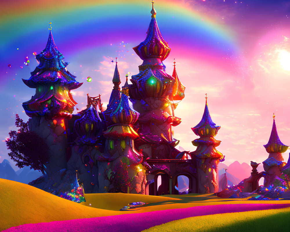 Colorful Castles with Ornate Spires Beneath Vibrant Rainbow