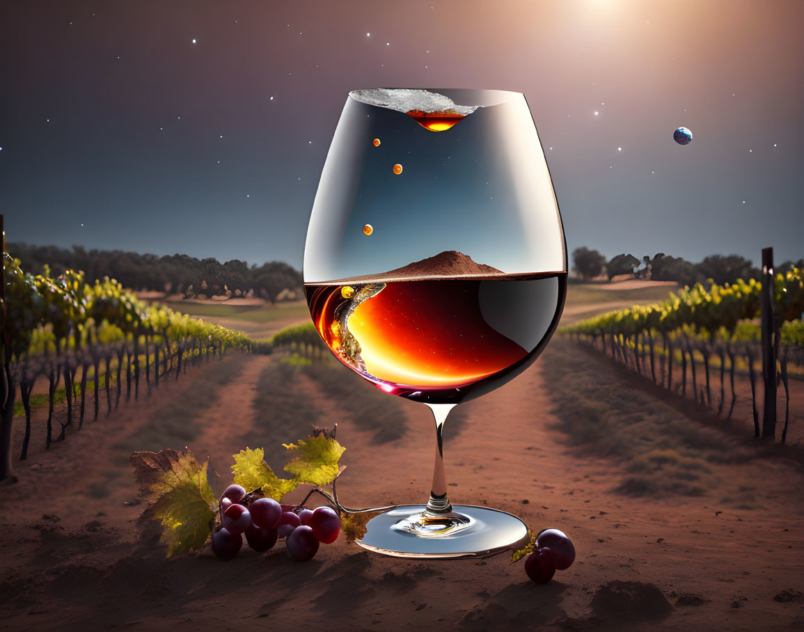 Surreal wine glass with galaxies, vineyard, and starry sky view