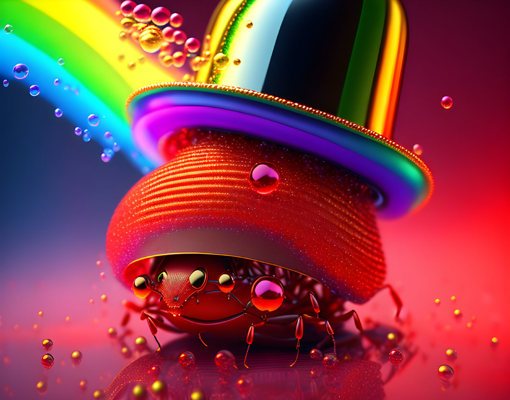 Colorful 3D illustration of whimsical crab with top hat and sunglasses