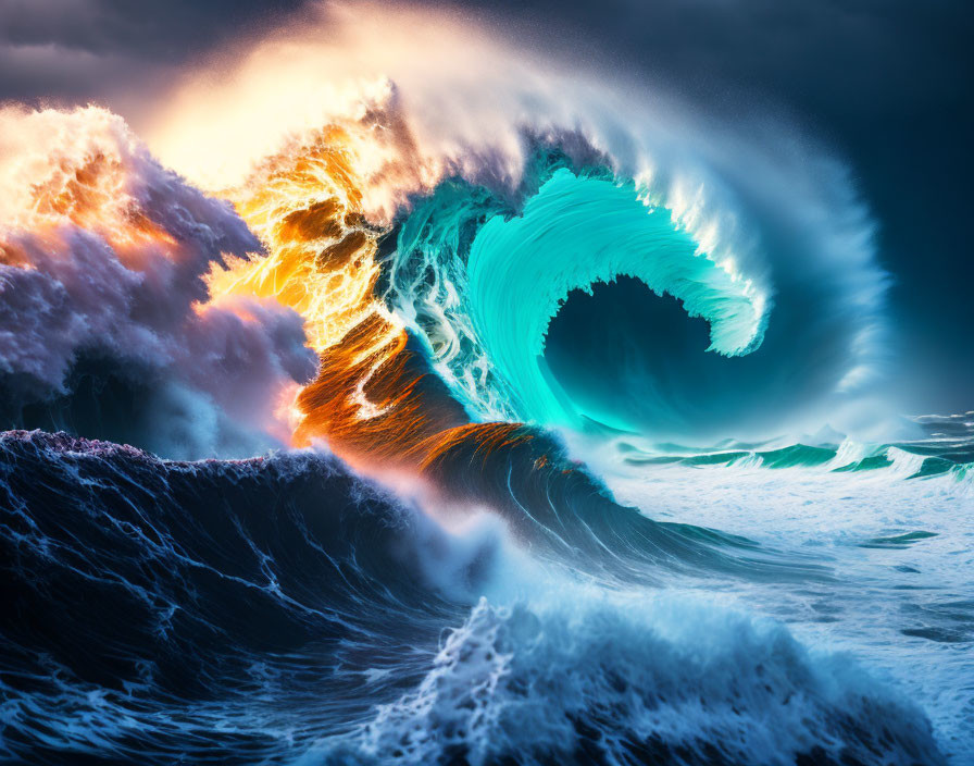 Colorful Ocean Wave Cresting in Sunlight