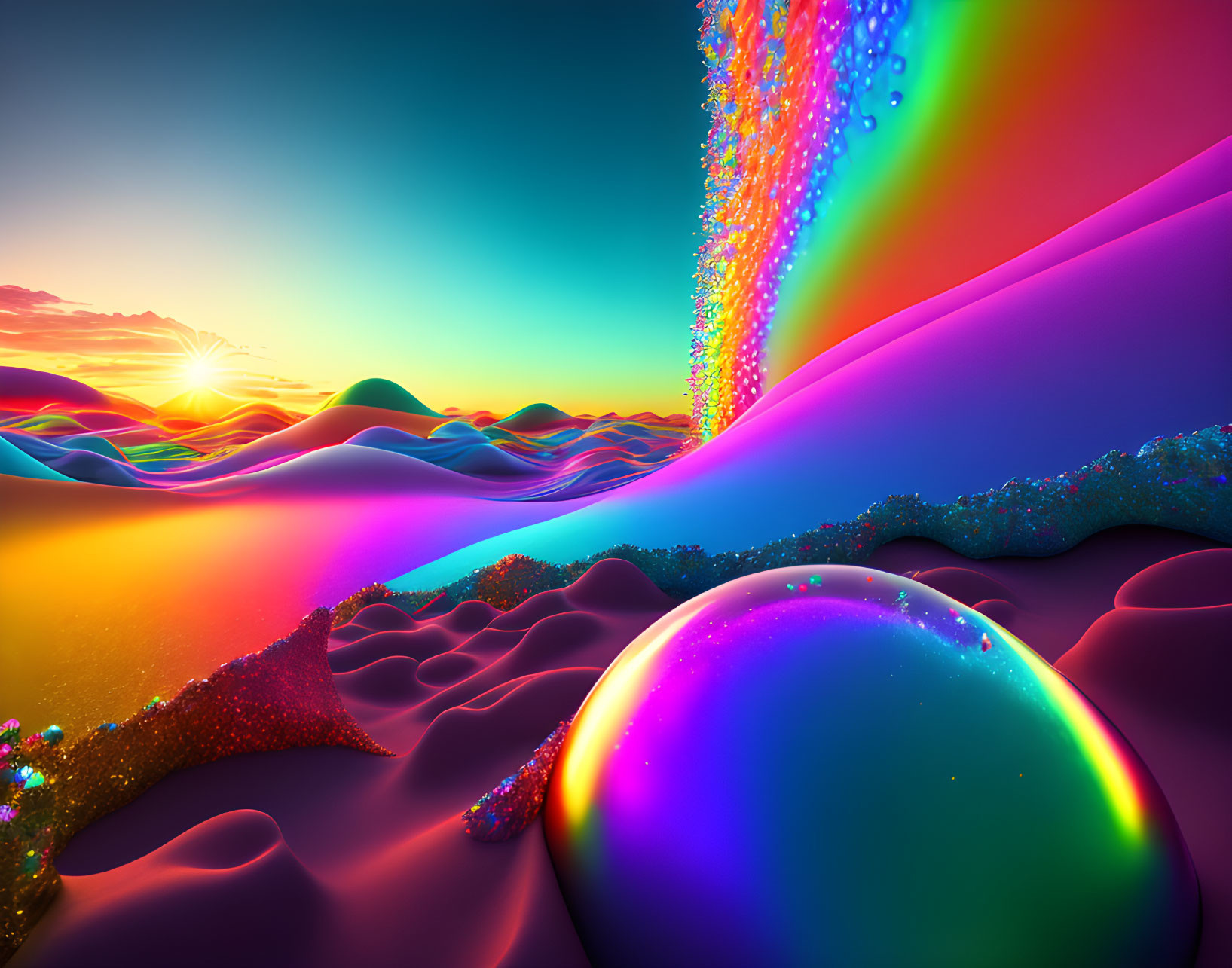 Surreal landscape with rainbow waterfall and multicolored sphere