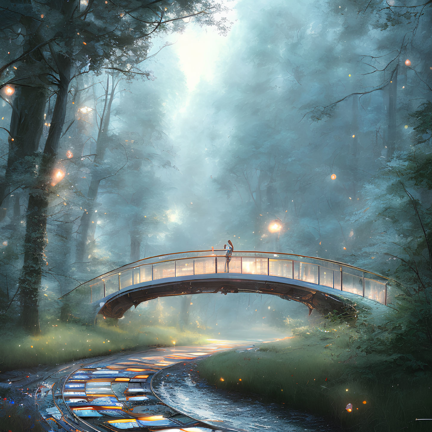 Person on Arched Bridge in Mystical Forest with Glowing Trees