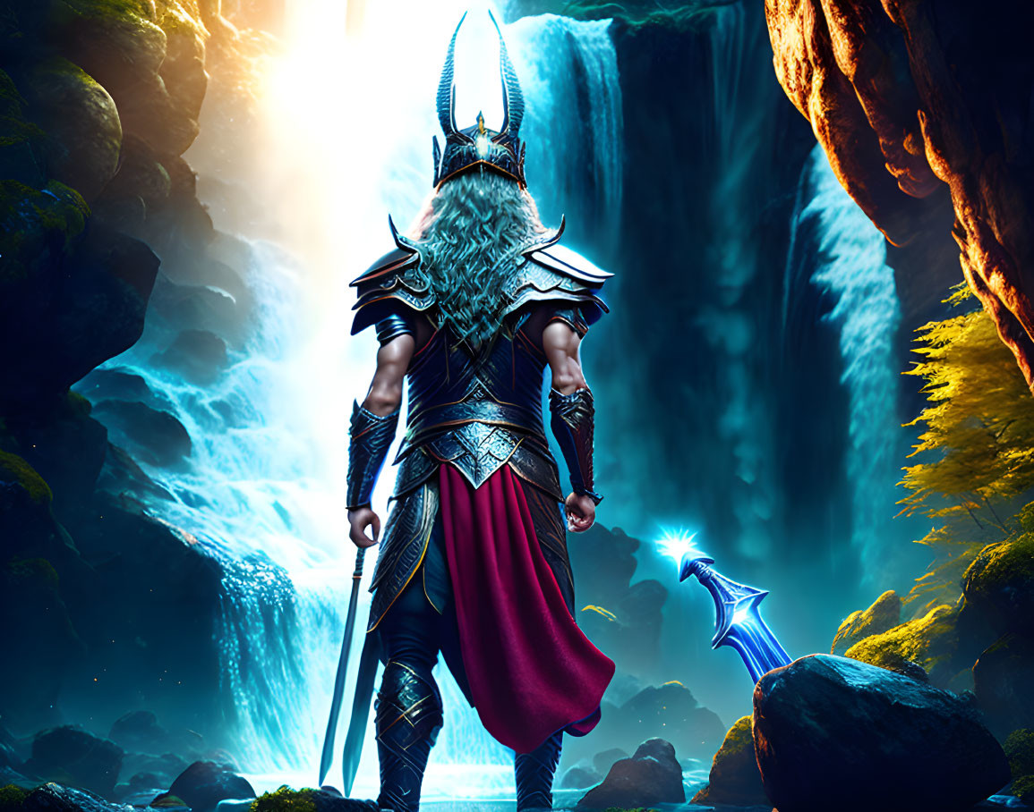 Fantasy warrior in ornate armor by waterfall with magical creature