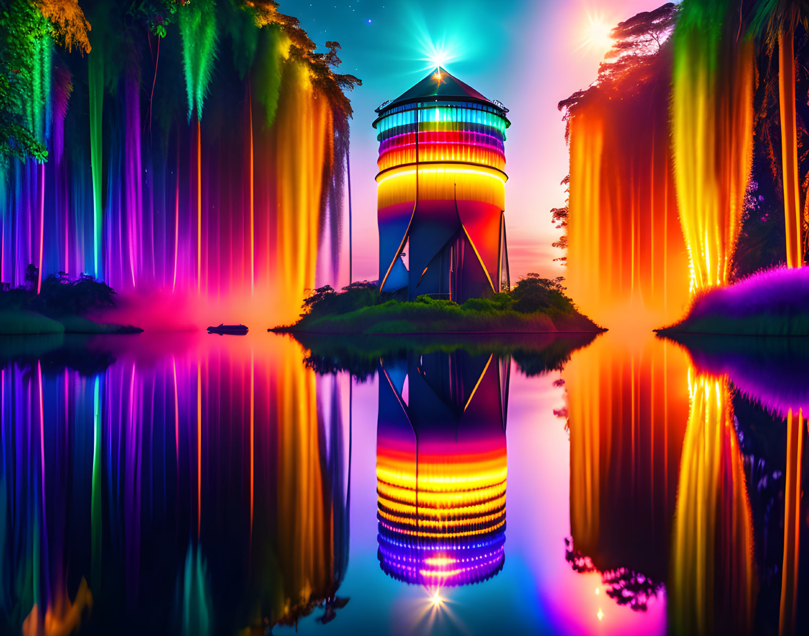 Colorful Futuristic Lighthouse in Surreal Landscape