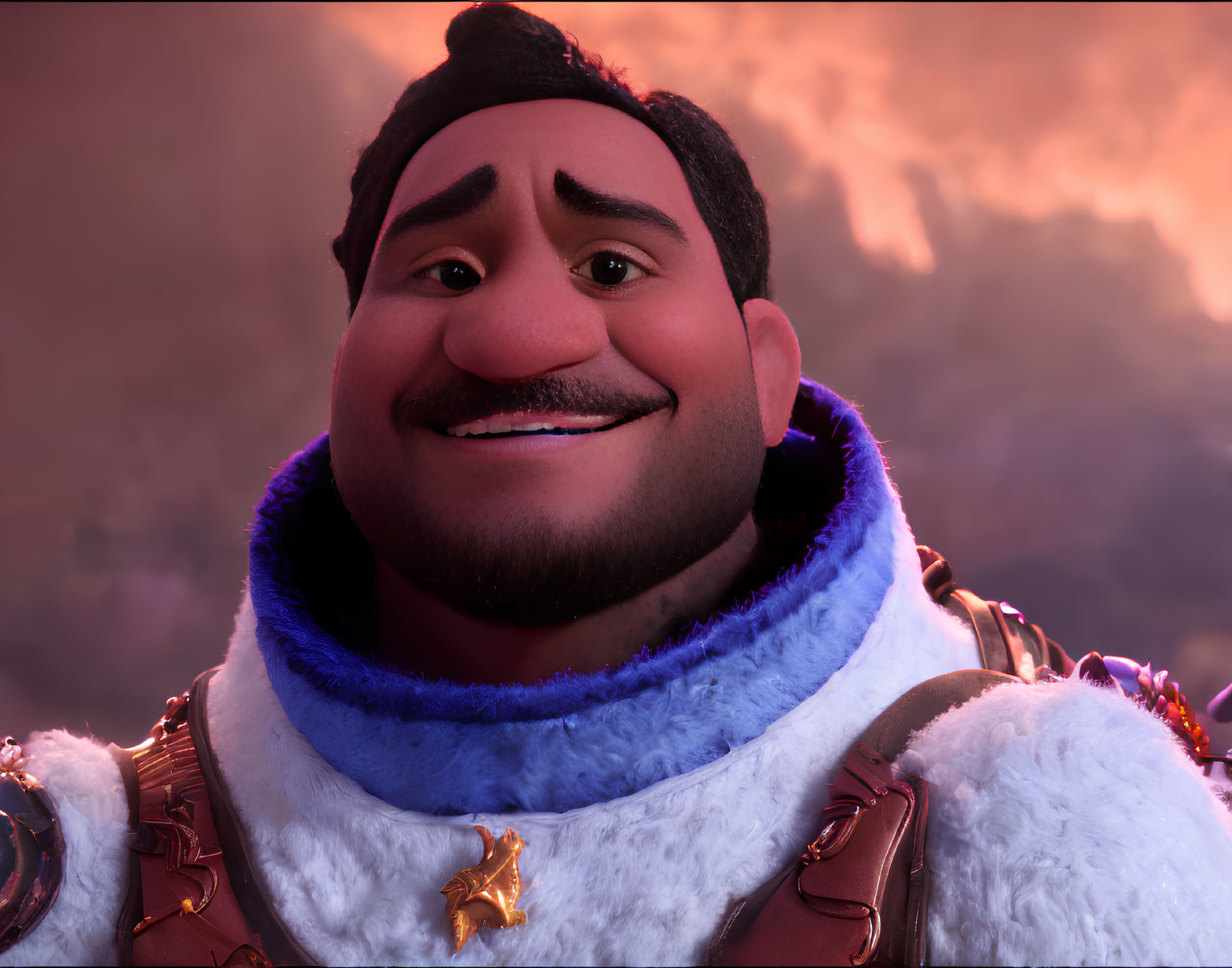 Detailed close-up of animated male character in white and gold armor with blue fur under reddish sky