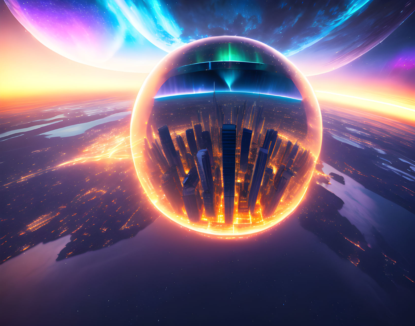 Futuristic city in a bubble with skyscrapers, auroras, glowing roads, and sunset