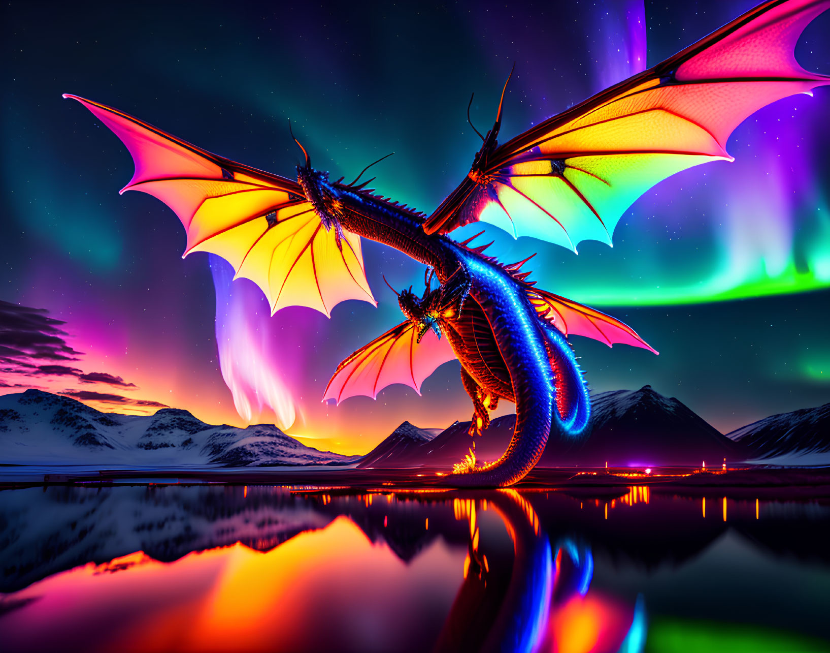 Colorful mythical dragon with glowing wings near reflective water and northern lights.