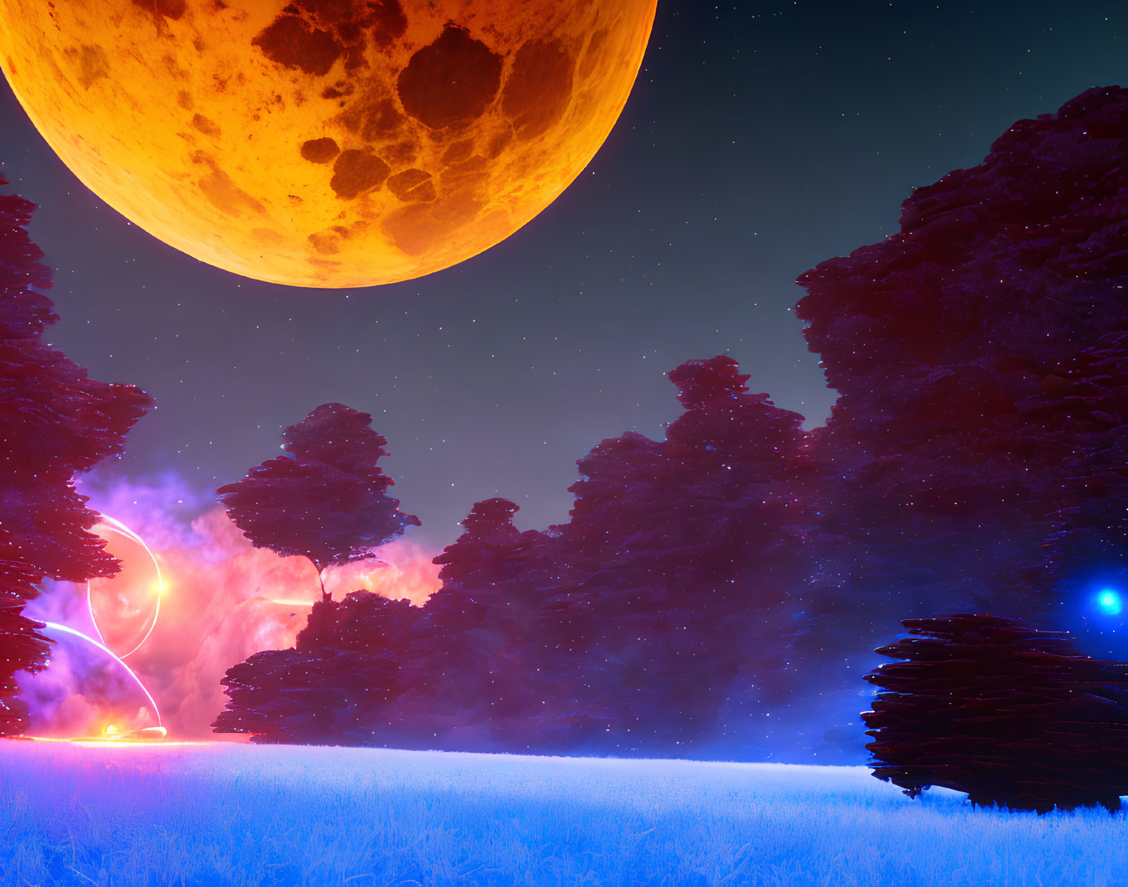 Enchanting night landscape with glowing trees, orange moon, blue stars, and energy arcs in mystical