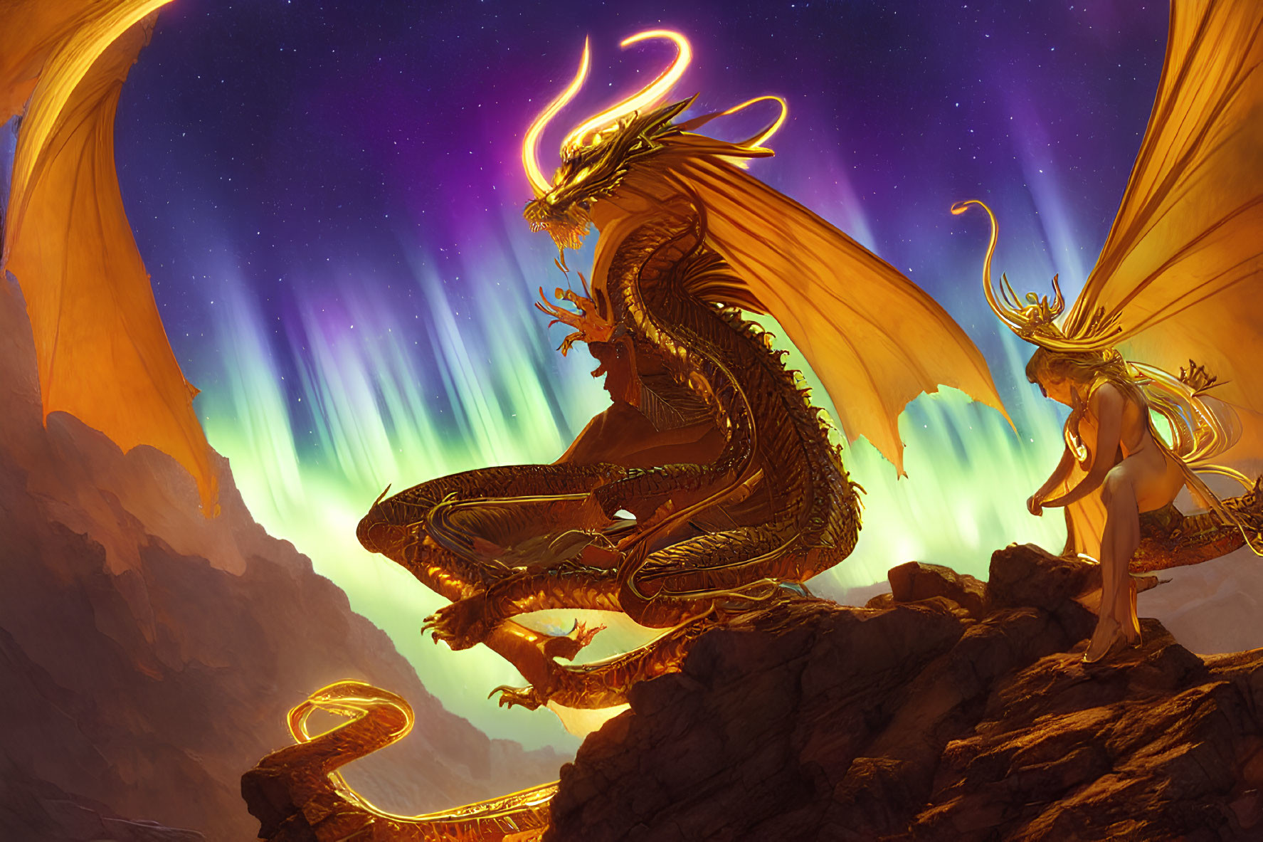 Golden dragon converses with horned humanoid under aurora-lit skies