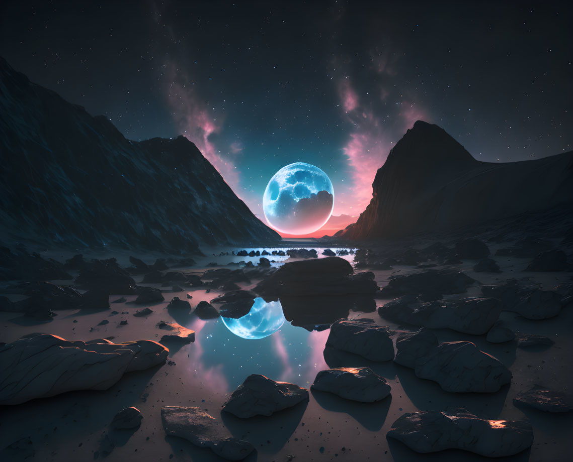 Surreal landscape with large moon, mountains, starry sky, and water reflection